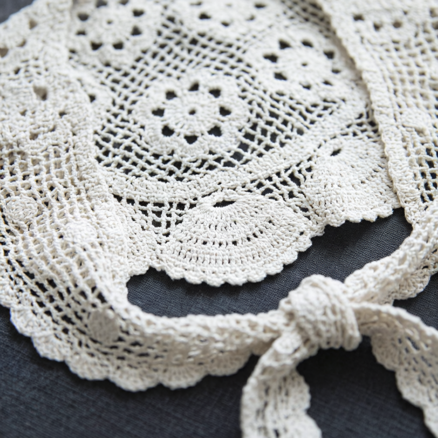 White crochet lace shawl flat lay on navy fabric