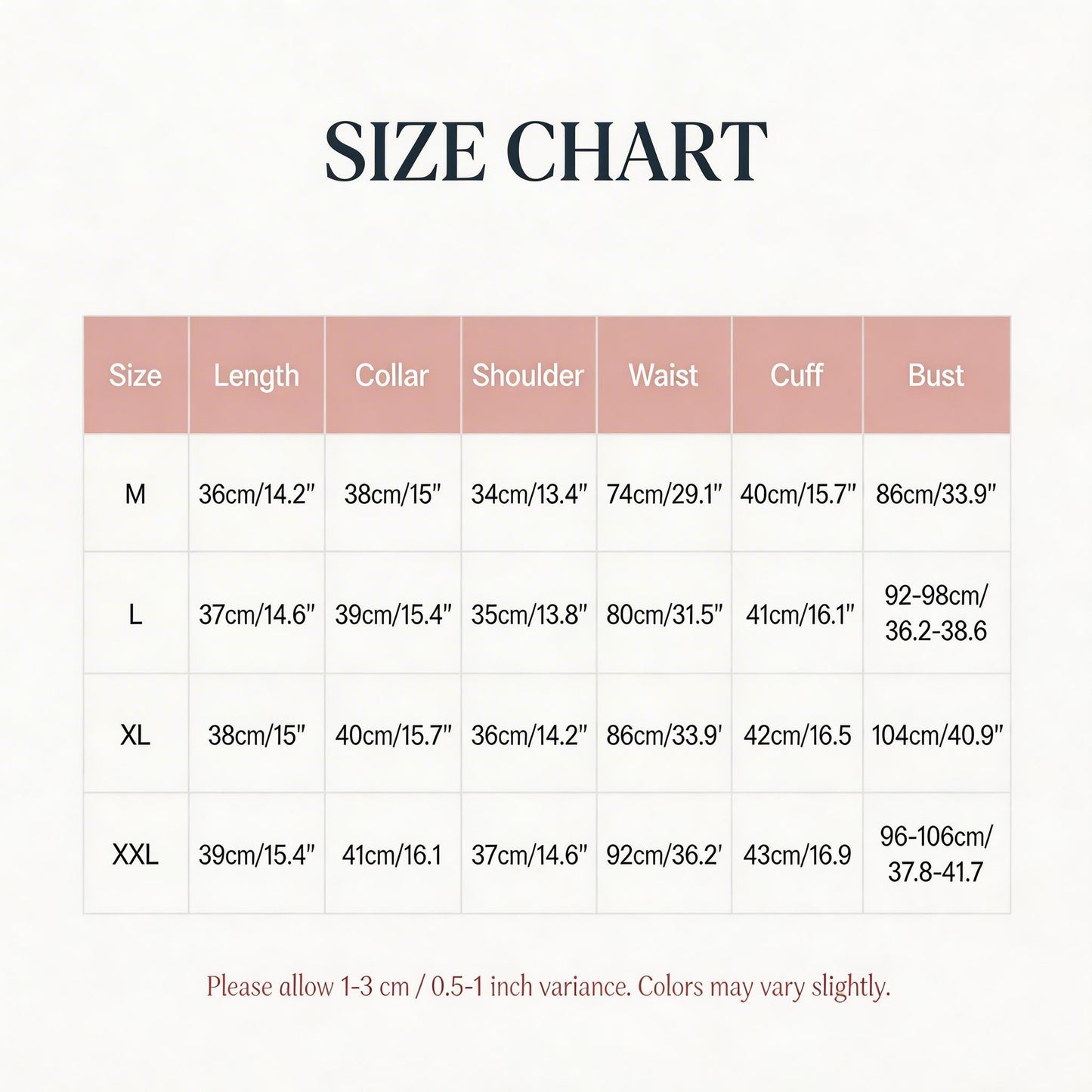 Size chart for detachable lace collar top, sizes M to XXL