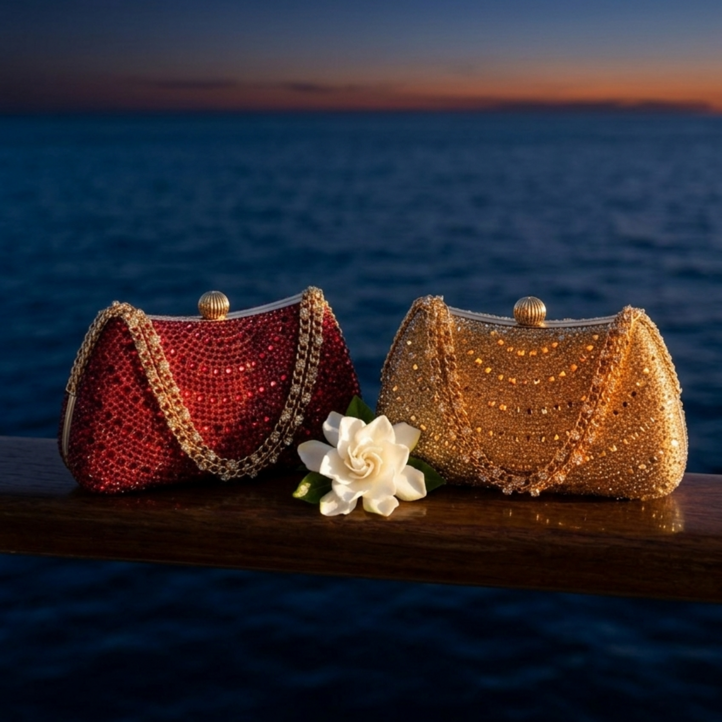 Gold rhinestone crystal clutch on beach at sunset