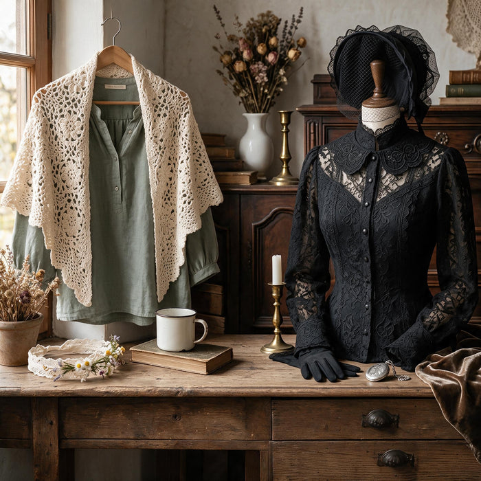 Woman wearing snowy owl wings shawl by bonfire at night
