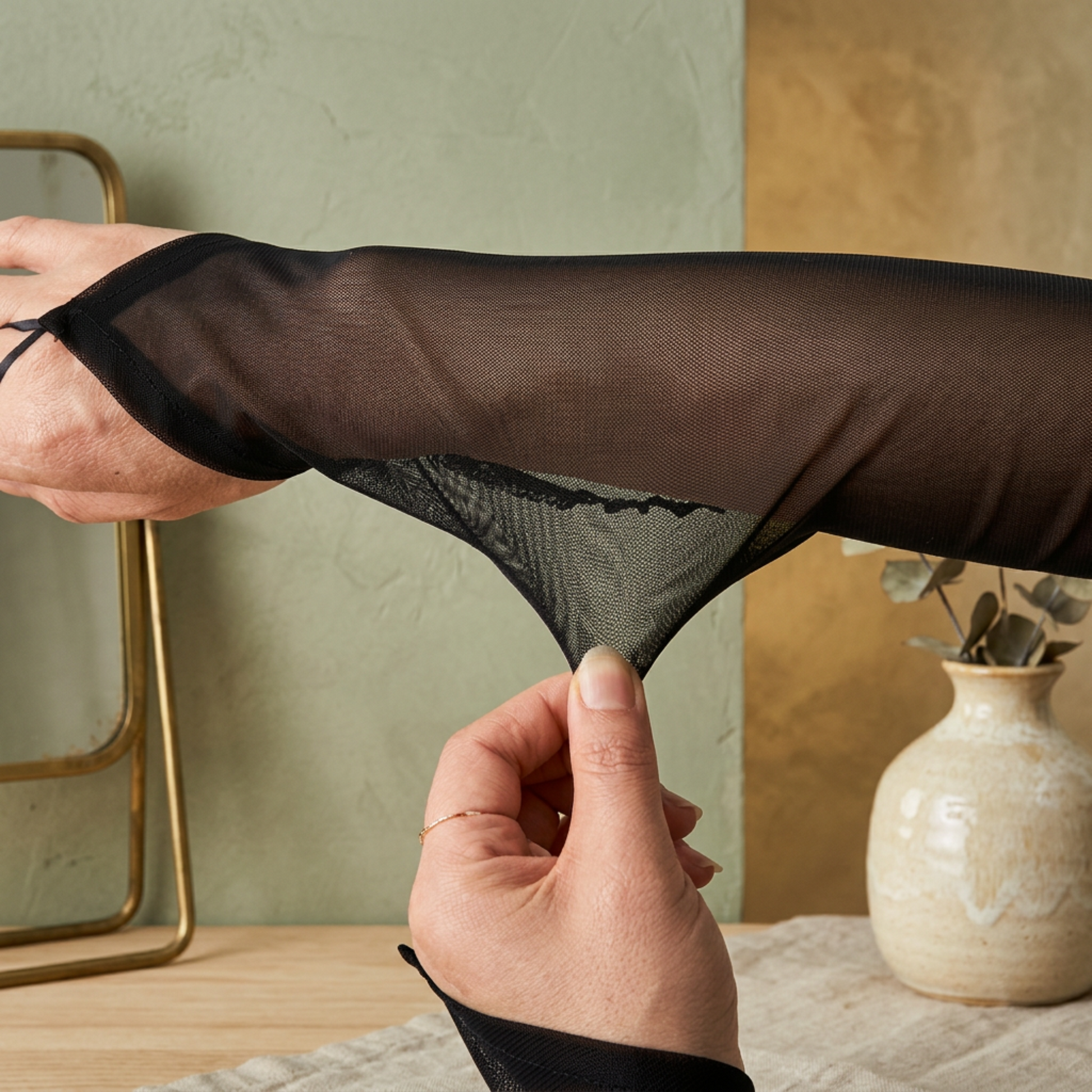 Close-up of black mesh arm sleeve with thumb loop detail