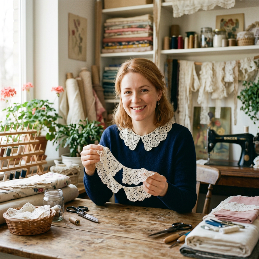 A smiling woman in a cozy, rustic sewing room holds up a piece of white lace trim with a pointed Peter Pan collar. She is wearing a navy blue sweater with a matching white lace collar.