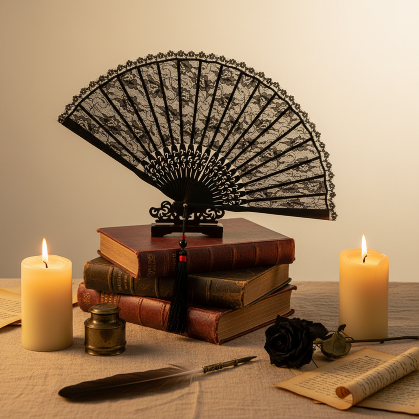 Black lace fan with books and candles