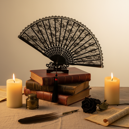 Black lace fan with books and candles