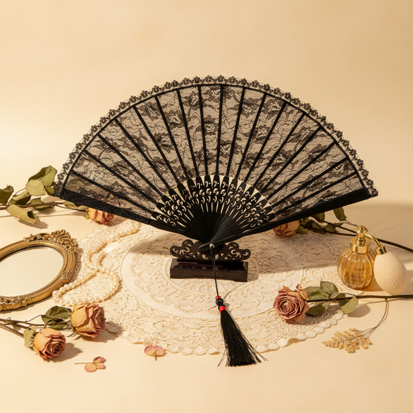 Black lace fan flat lay with jewelry on warm background