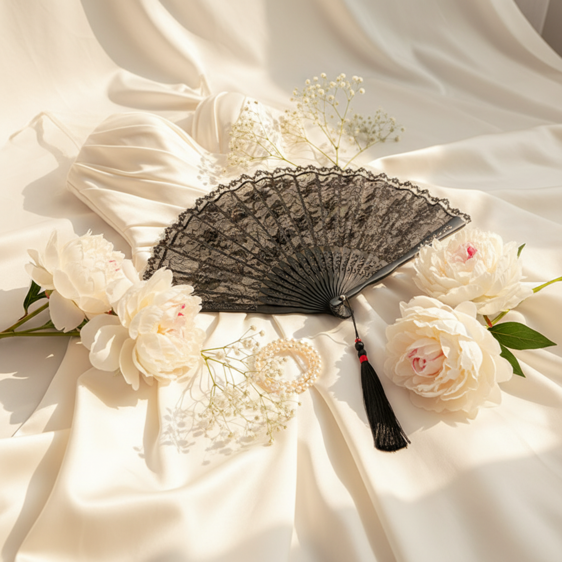 Black lace fan flat lay on white fabric with peonies