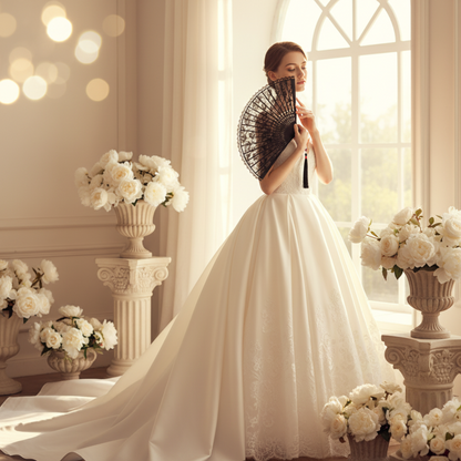 Woman in white bridal dress holding black lace fan