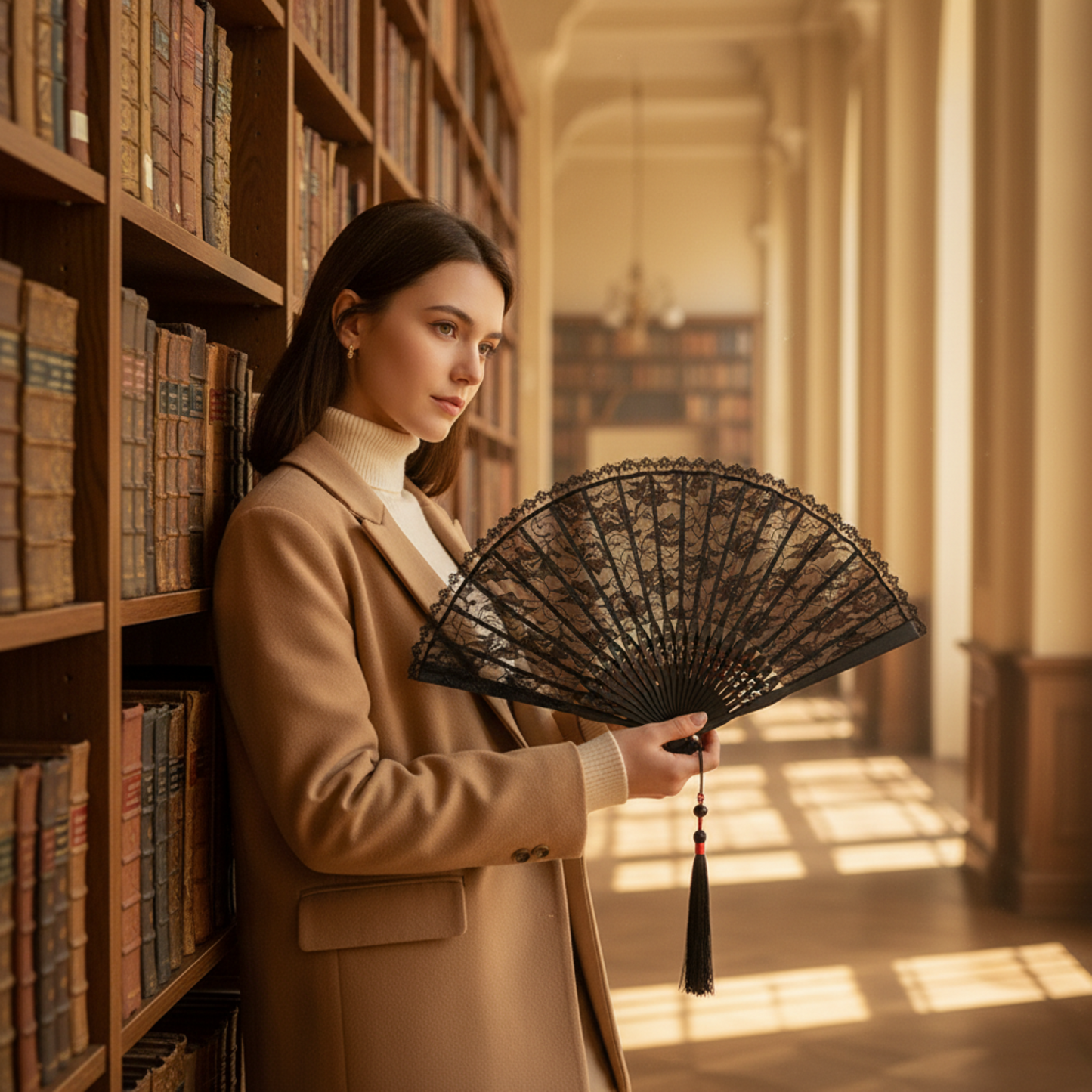 Woman in library holding black lace fan