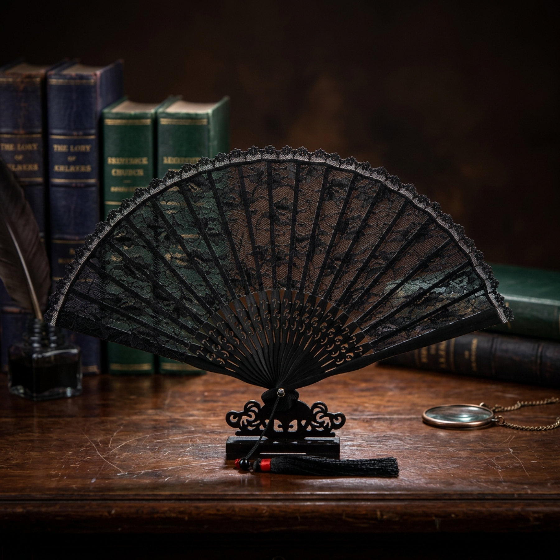 Black lace fan on wood table with dark background