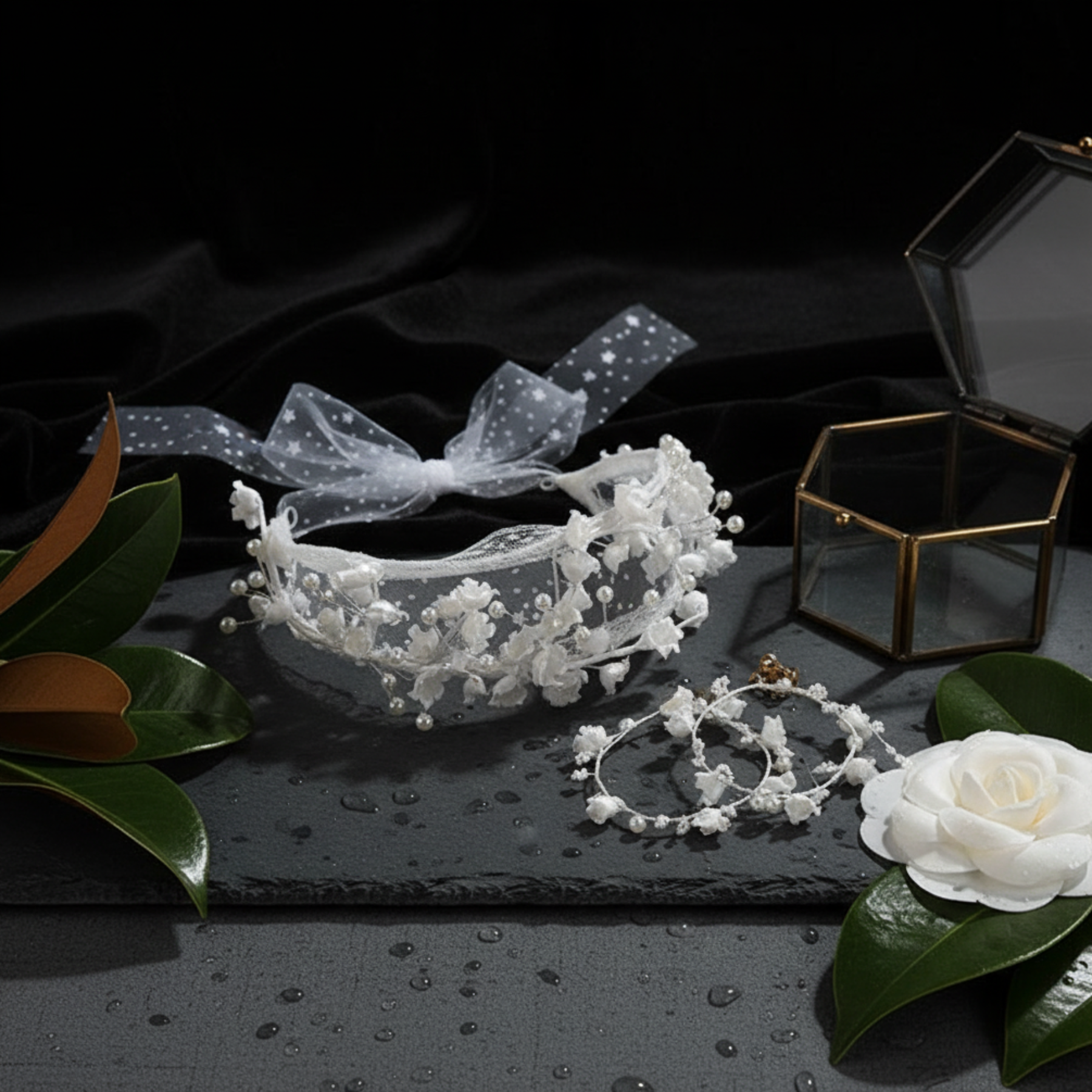 Flower crown headband and earrings displayed in open jewelry box