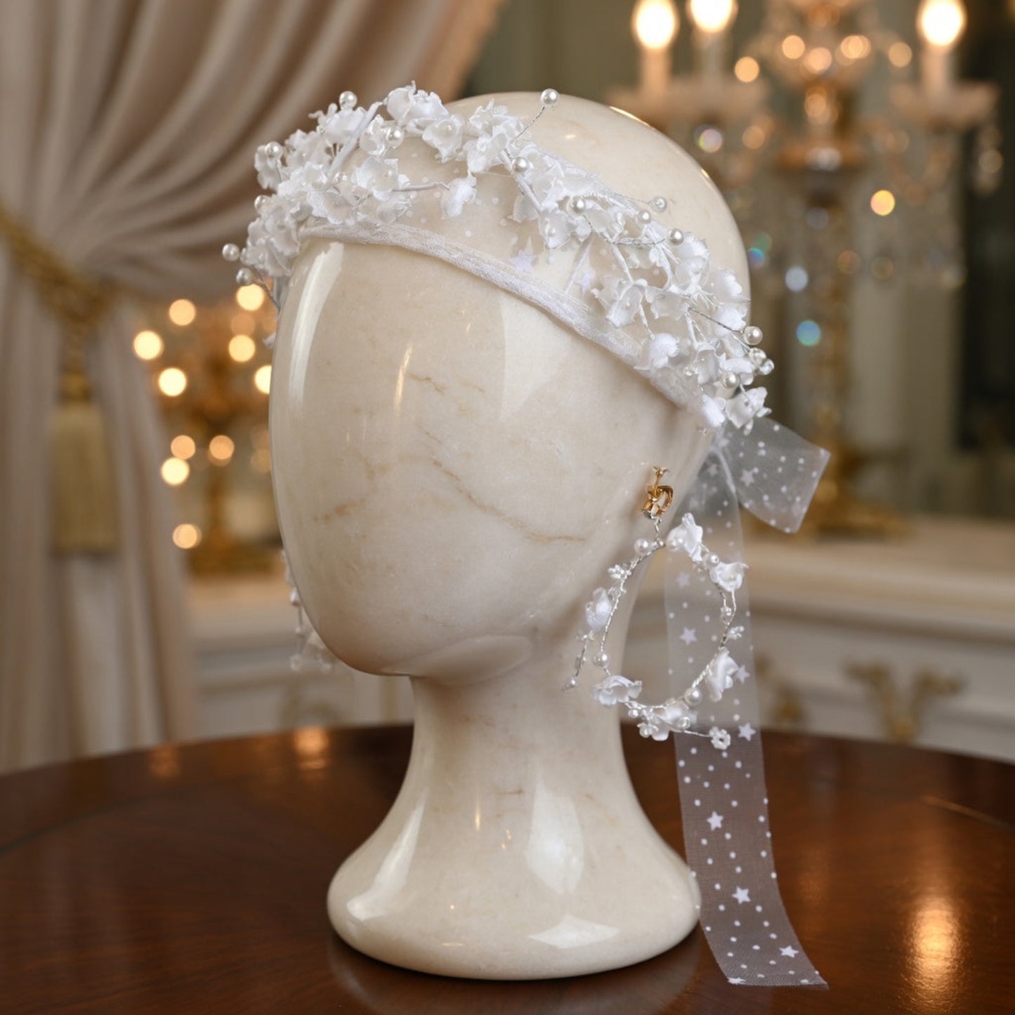 White flower crown bridal headband on mannequin head with ivory curtain