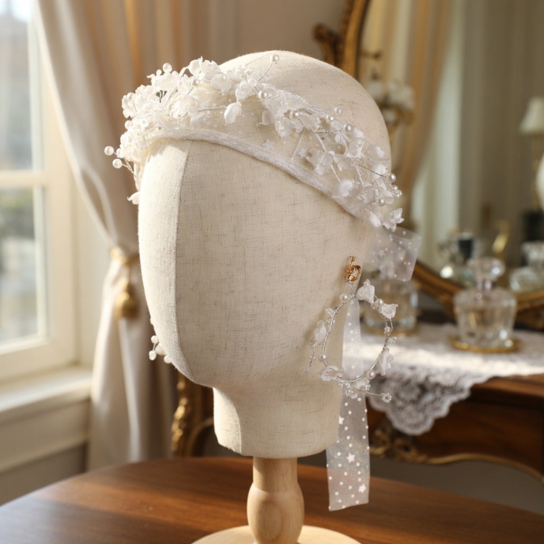 White flower crown headband with tulle ribbon on mannequin, interior room