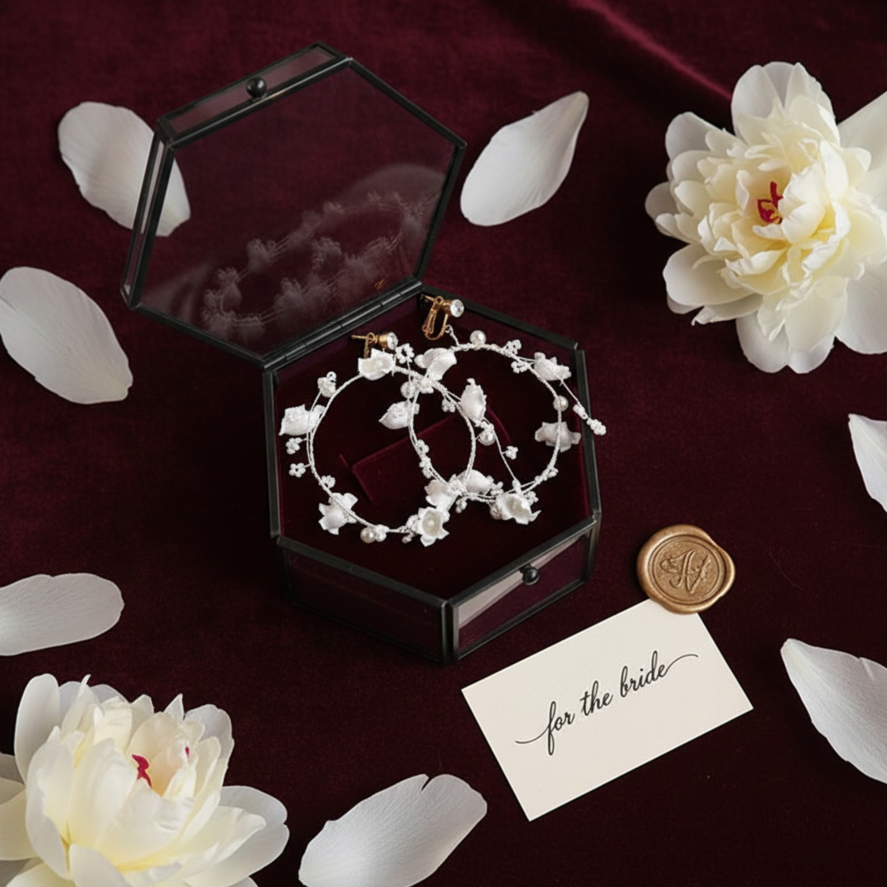 Flower crown headband and earrings in burgundy velvet box with petals