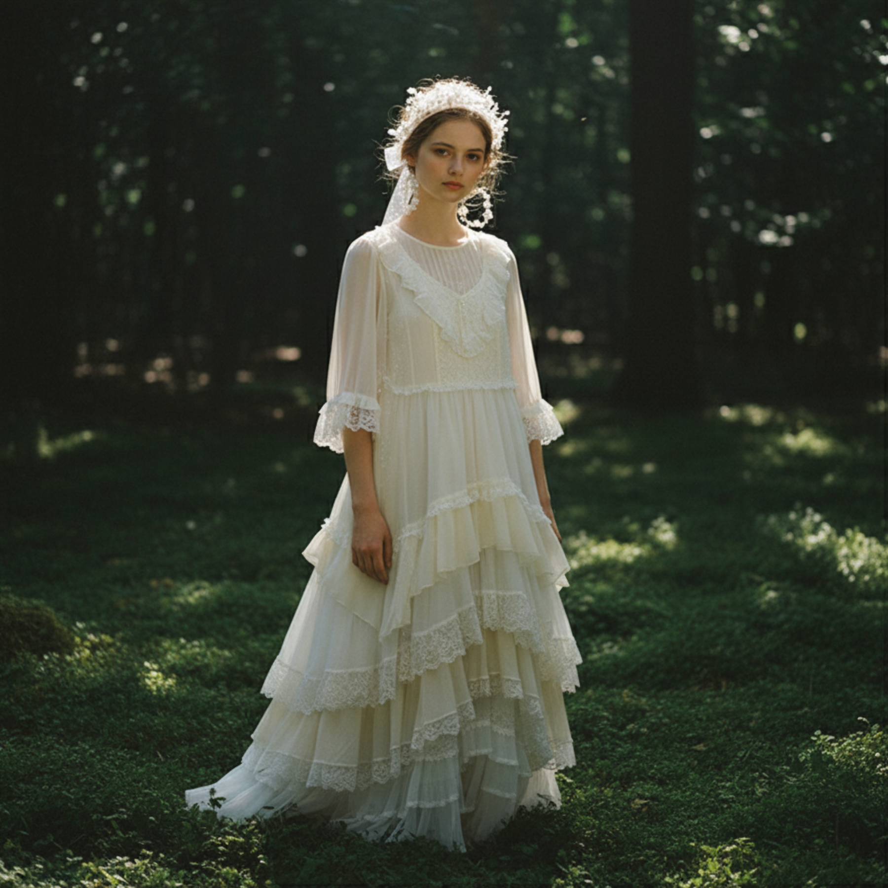 Woman wearing white flower crown headband in green forest setting