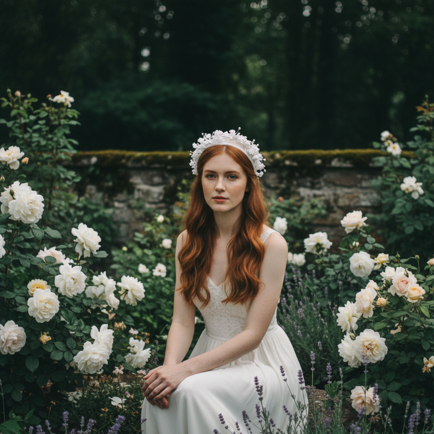 Woman wearing flower crown headband seated in garden with white roses