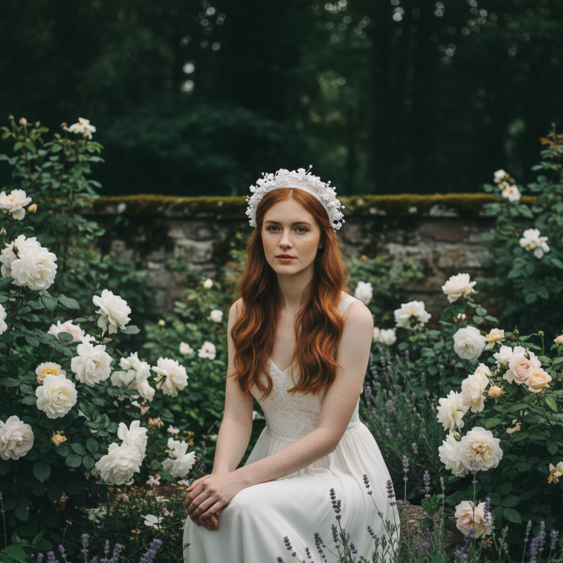 Woman wearing flower crown headband seated in garden with white roses
