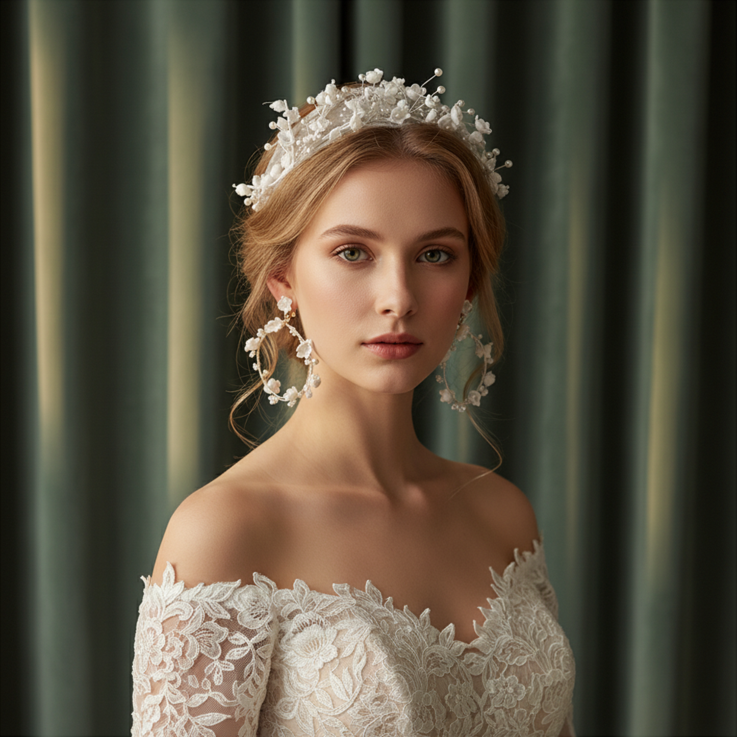 Woman wearing white flower crown bridal headband with lace dress