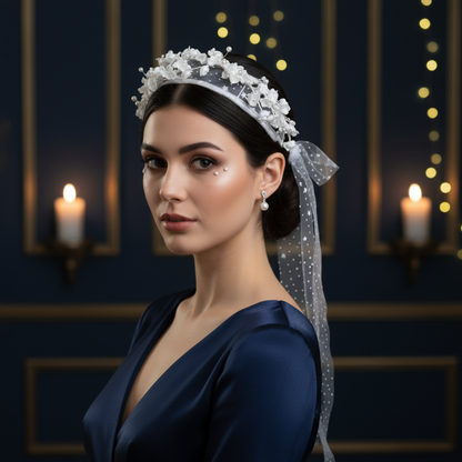 Woman wearing flower crown headband with veil, candlelit blue background