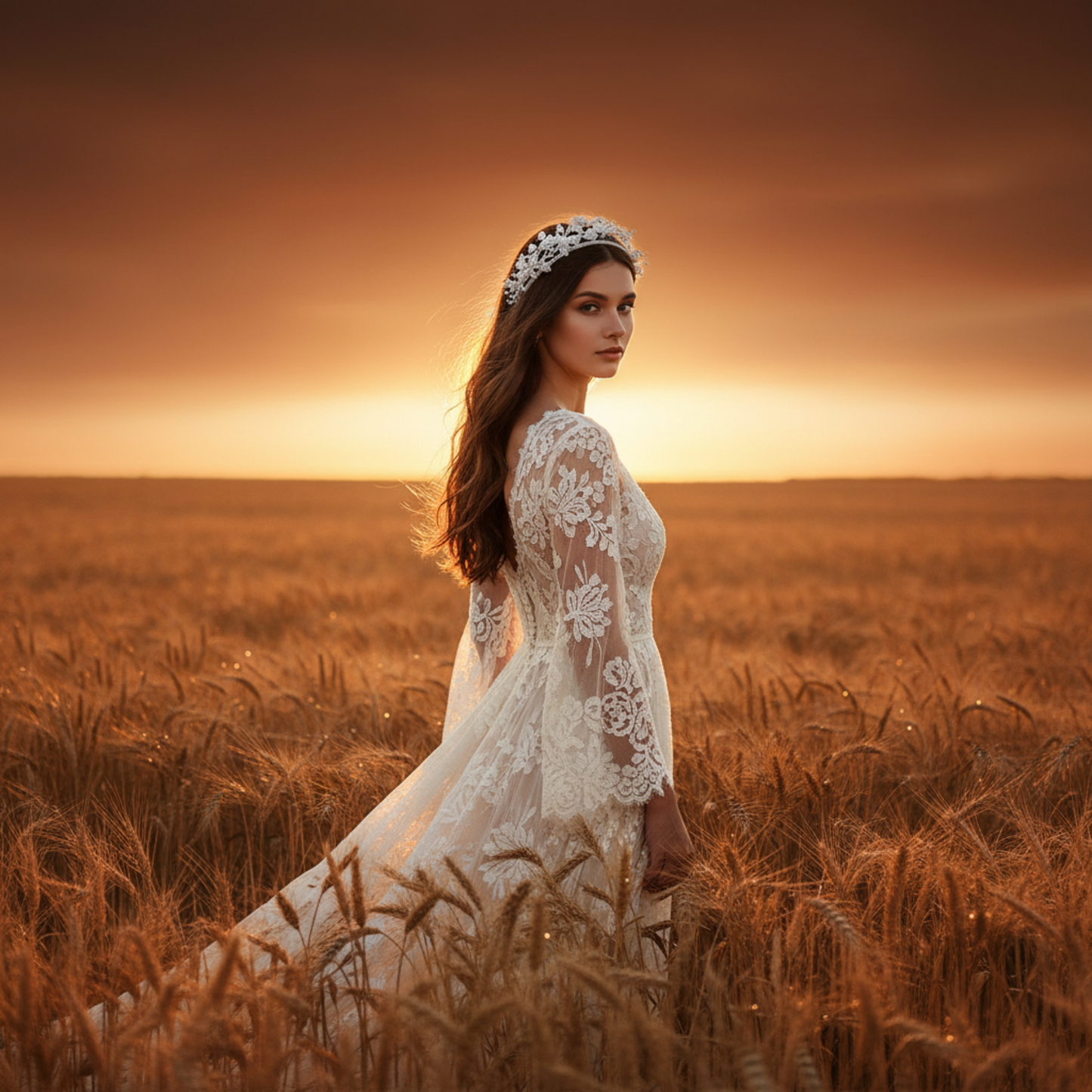 Woman wearing flower crown headband in wheat field at sunset