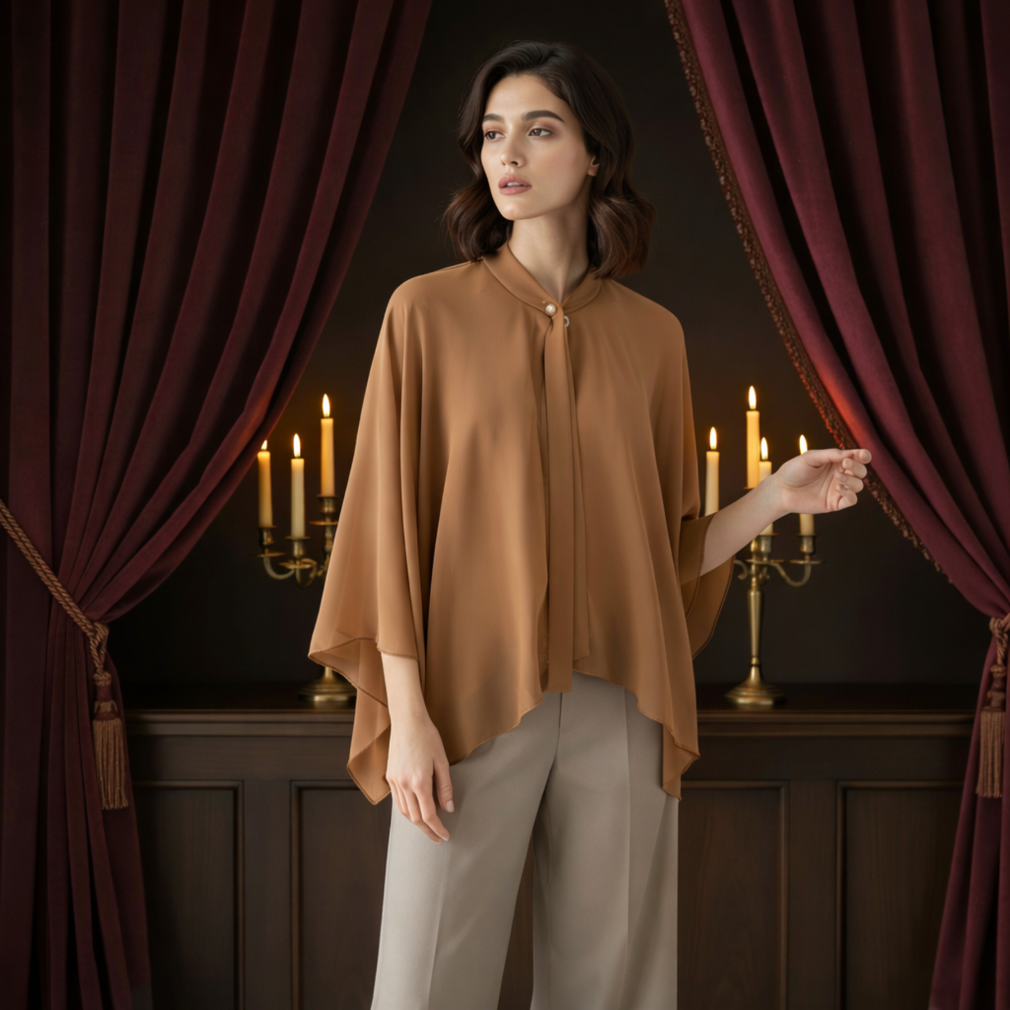 Woman wearing beige chiffon poncho cape near curtains and candles