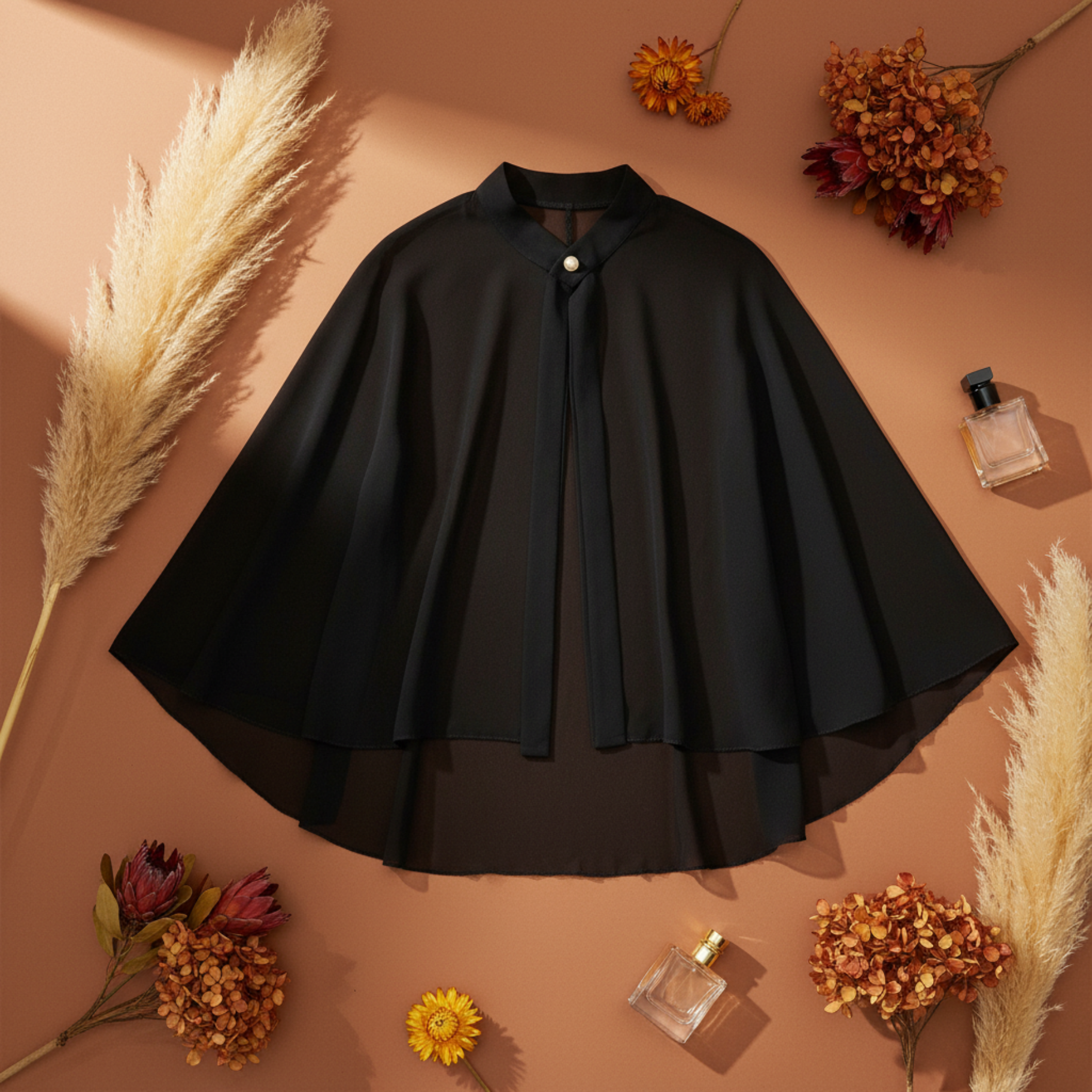 Black chiffon poncho cape flat lay with wheat stalks