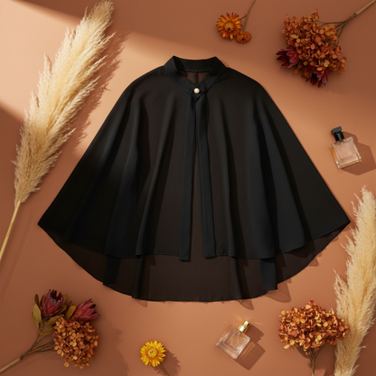 Black chiffon poncho cape flat lay with wheat stalks