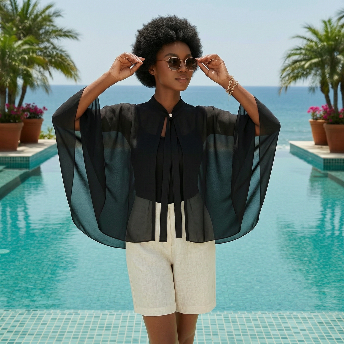 Woman wearing black chiffon poncho cape poolside
