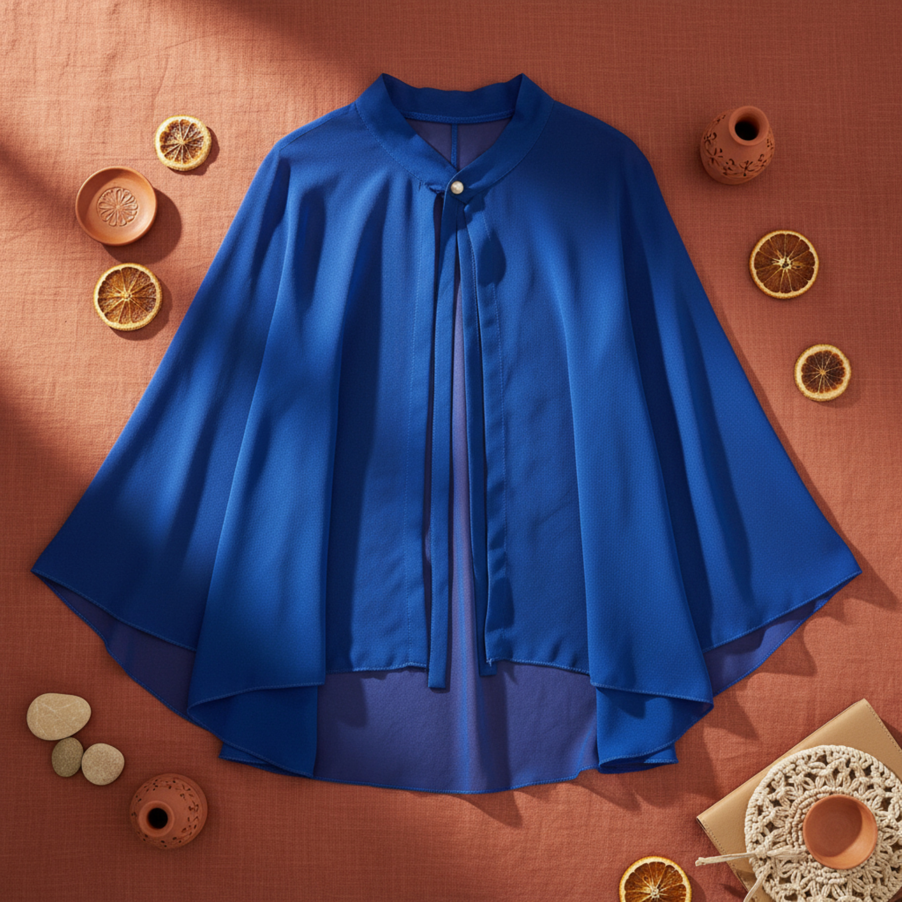 Blue chiffon poncho cape flat lay with buttons