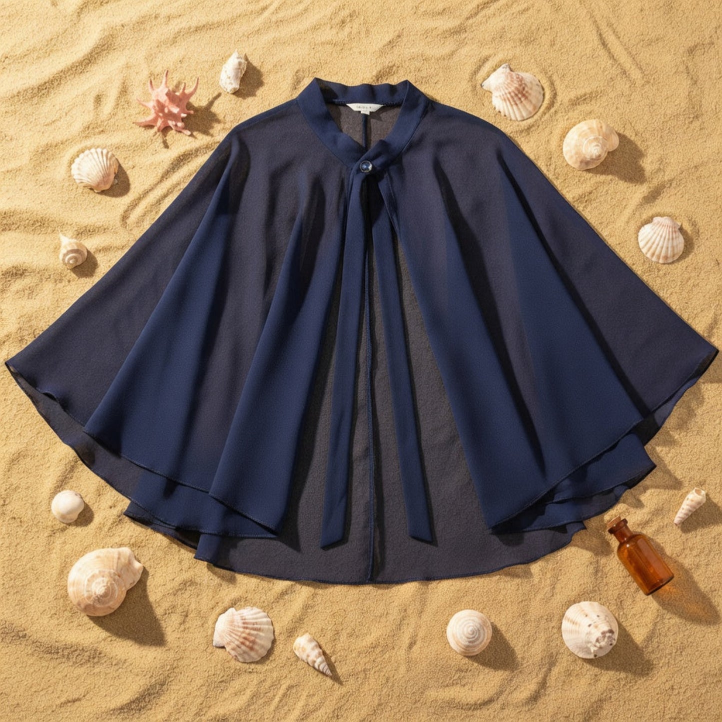 Navy blue chiffon poncho cape flat lay with seashells