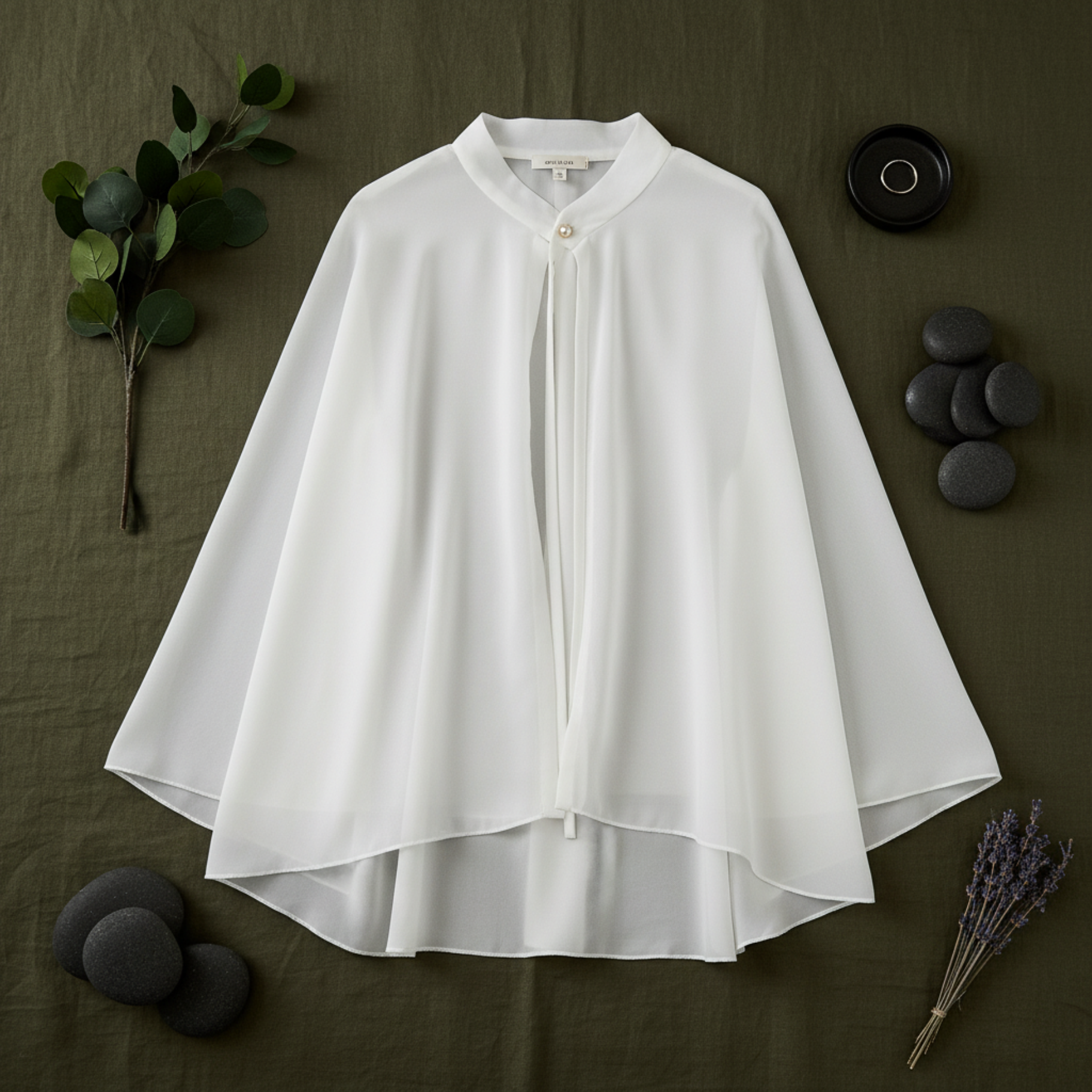 White chiffon poncho cape flat lay with seashells
