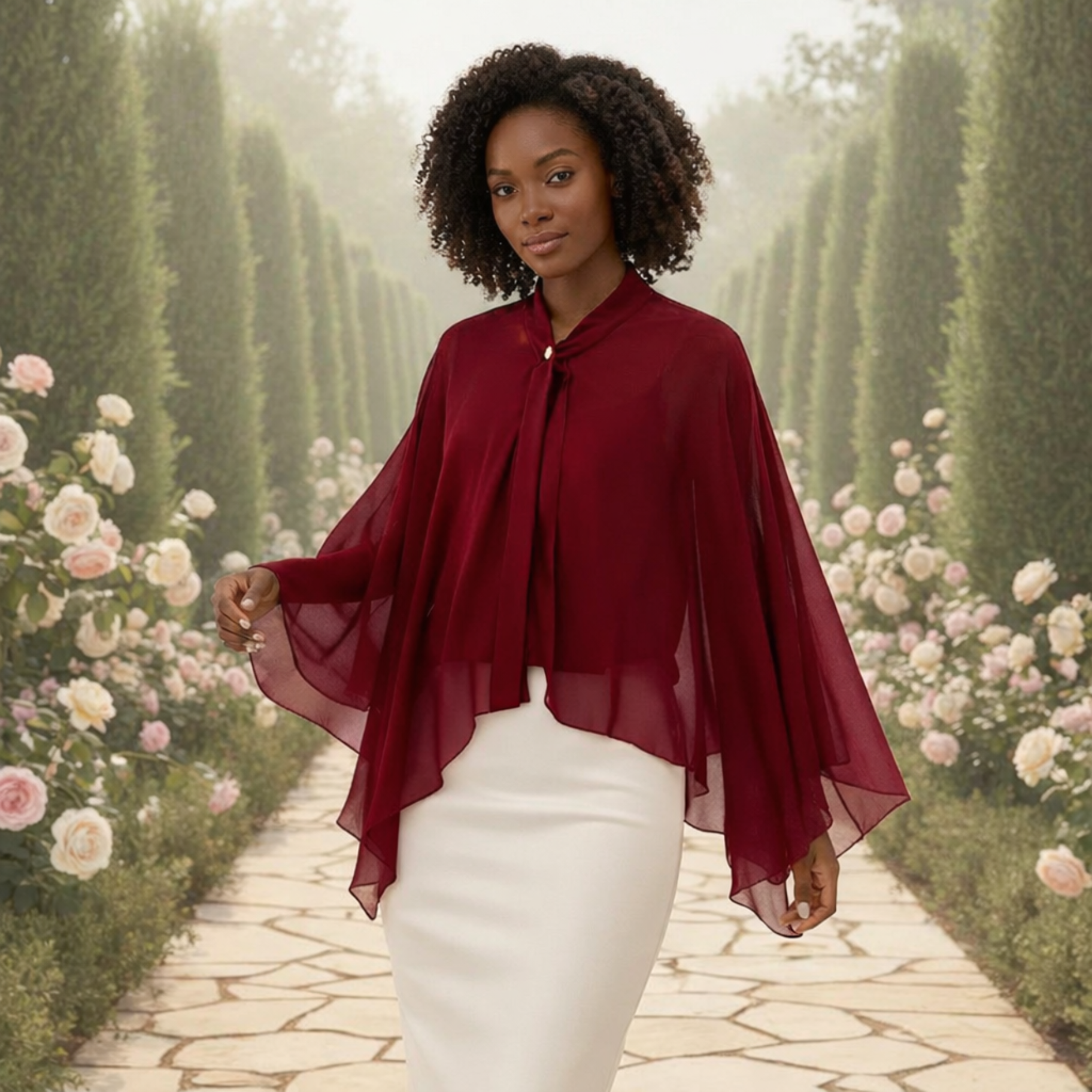 Woman wearing wine red chiffon poncho cape on flower path