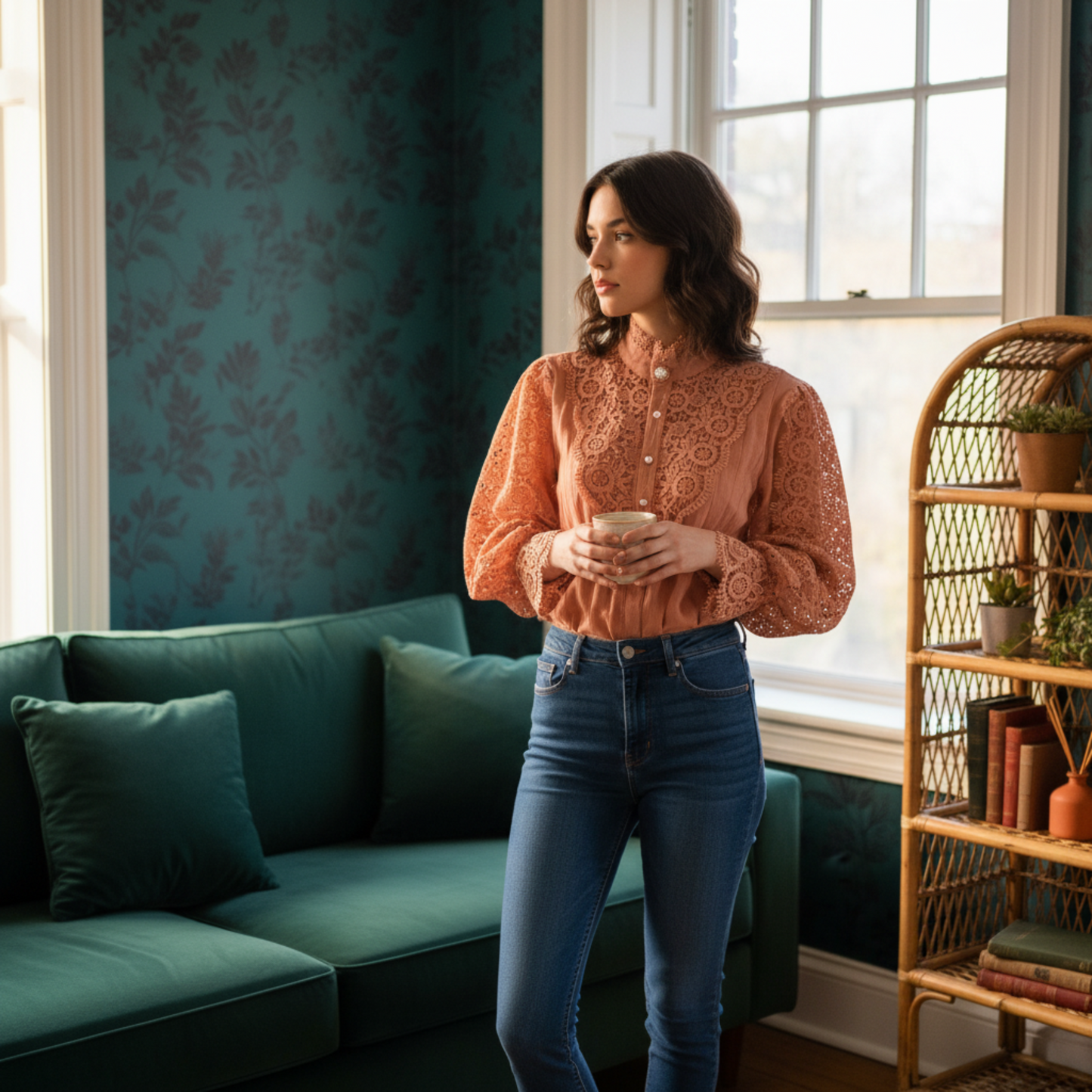Woman wearing apricot crochet lace blouse on green sofa