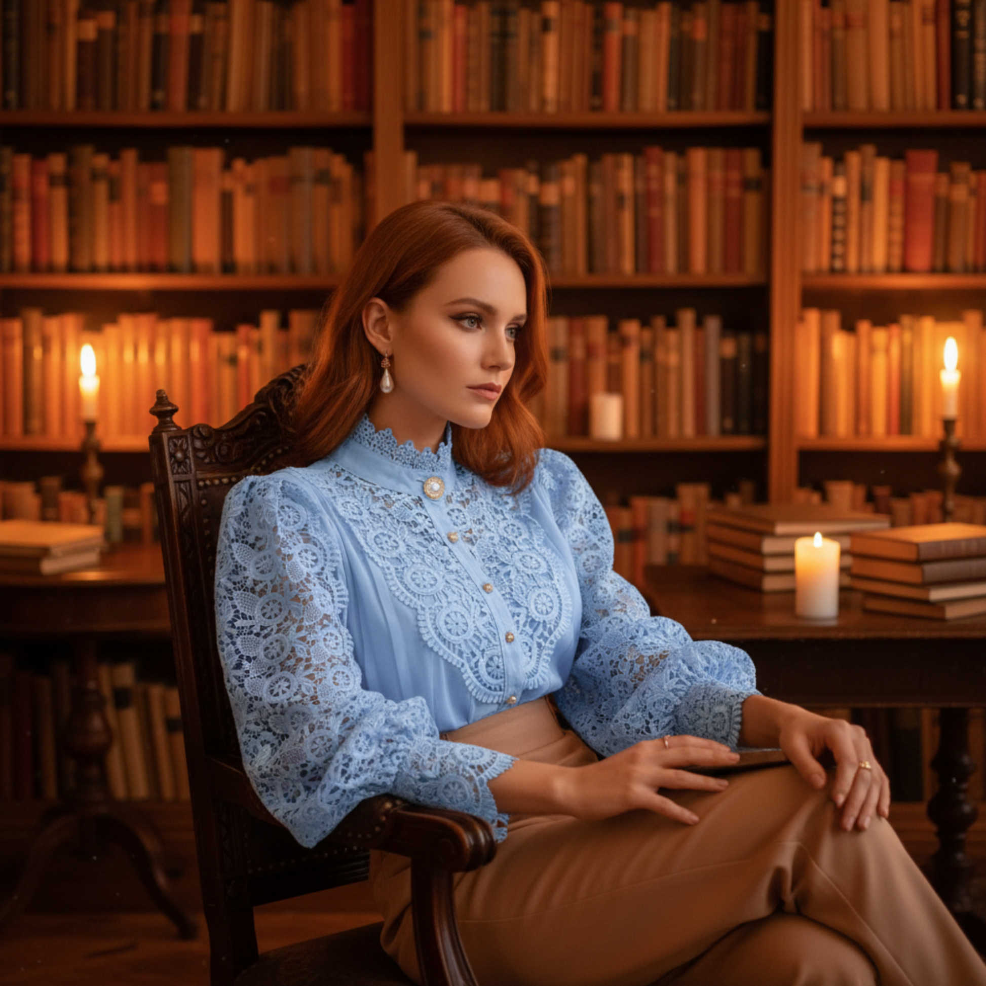 Woman wearing light blue crochet lace blouse in library