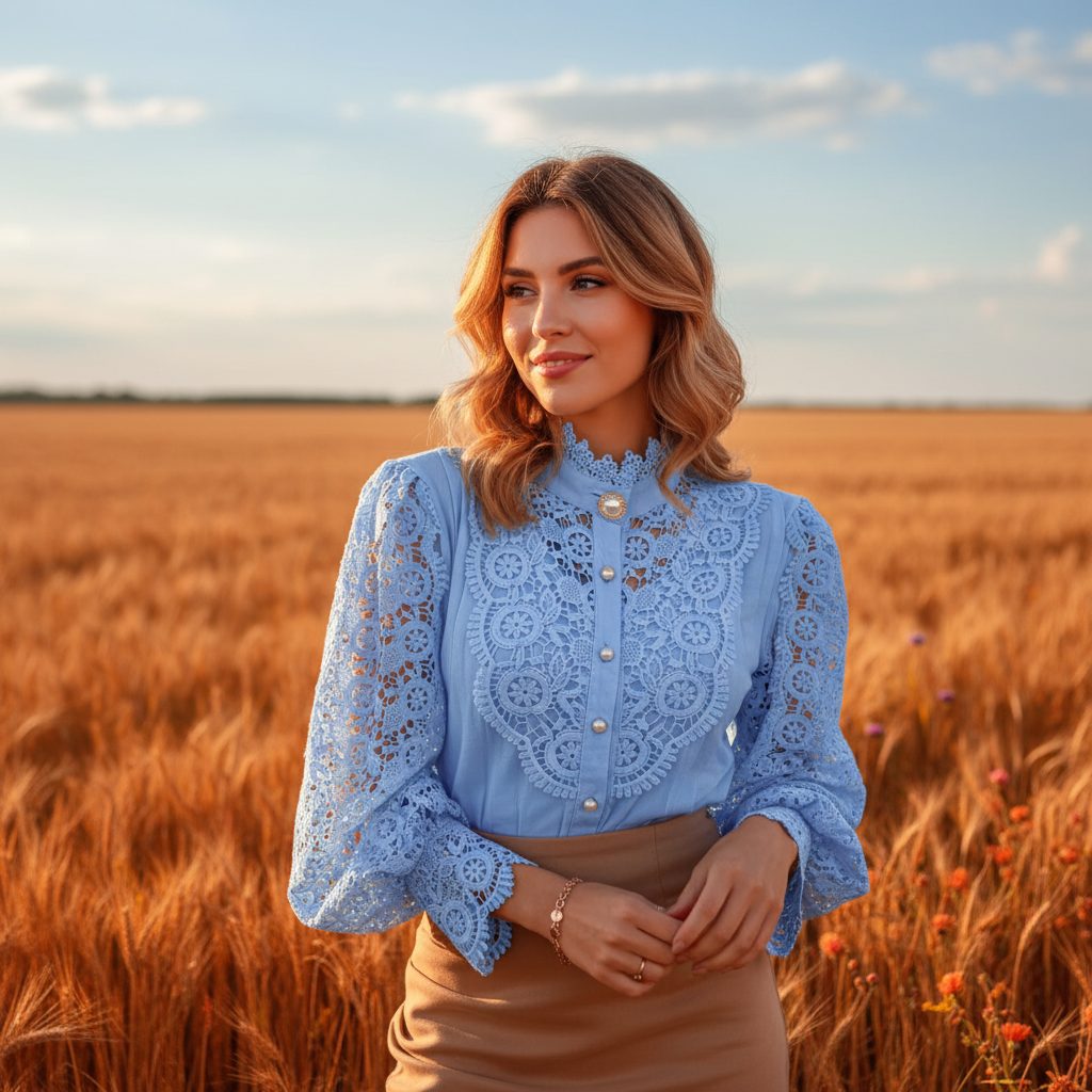 Woman wearing light blue crochet lace blouse in wheat field