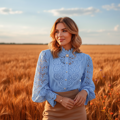 Woman wearing light blue crochet lace blouse in wheat field