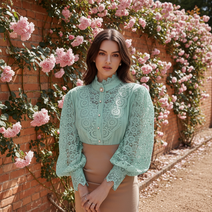 Woman wearing mint green crochet lace blouse in rose garden