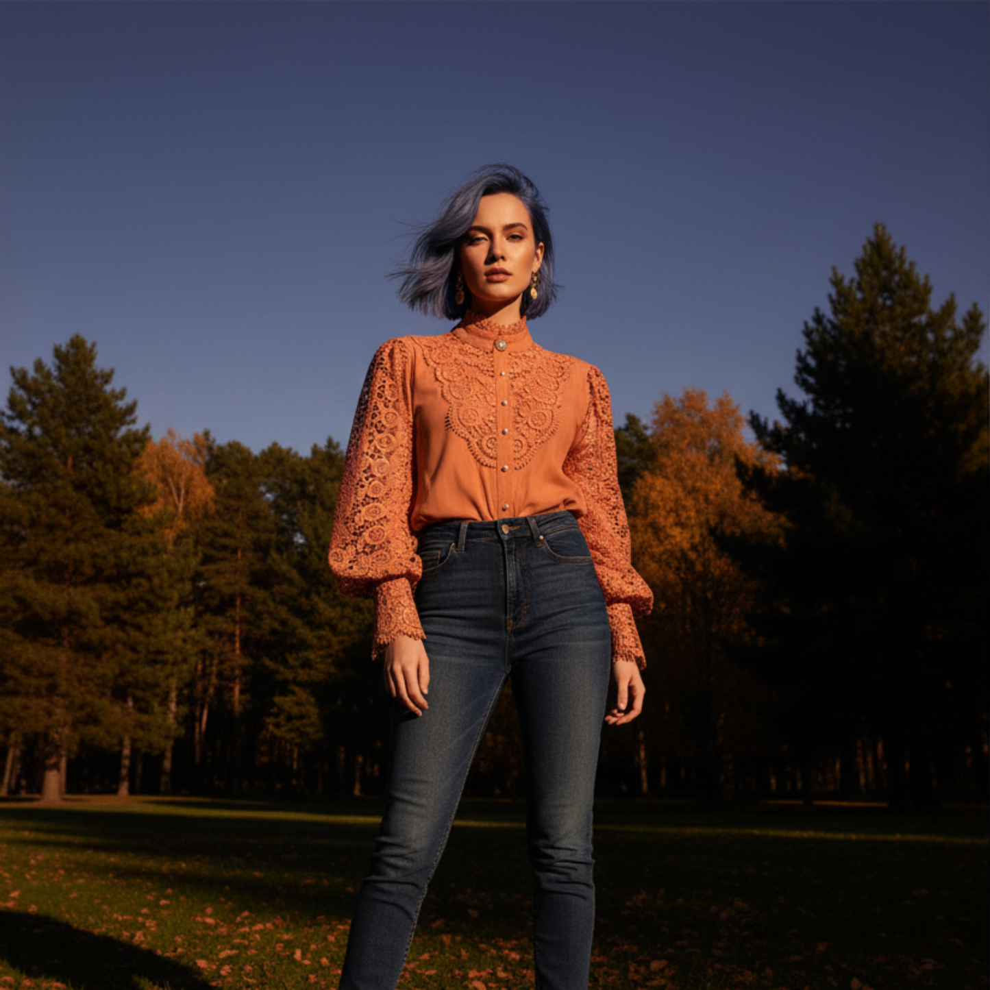 Woman wearing orange crochet lace blouse in field at night