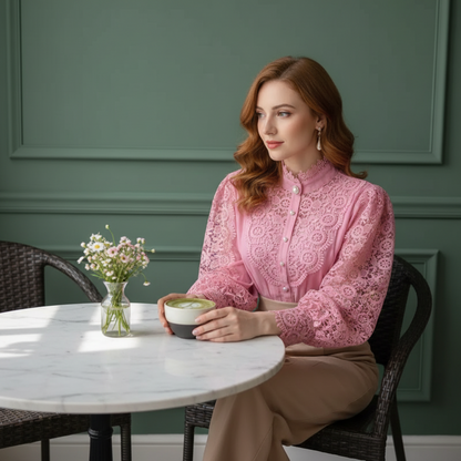 Woman wearing pink crochet lace blouse at cafe table