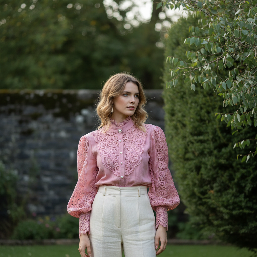 Woman wearing pink crochet lace blouse by garden hedge