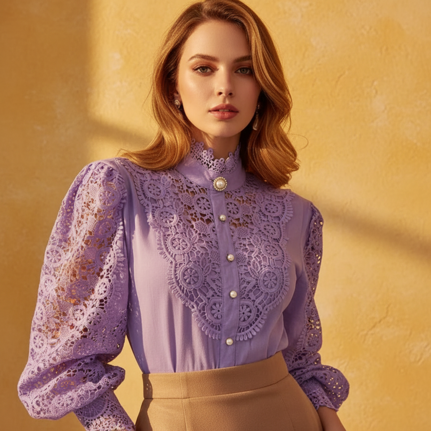 Woman wearing purple crochet lace blouse in golden hour light