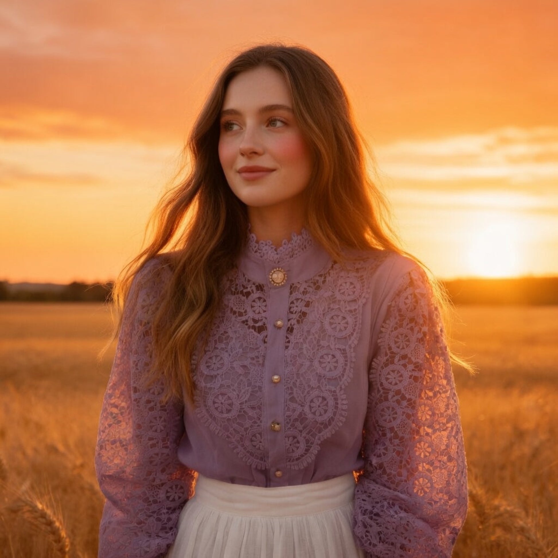 Woman wearing purple crochet lace blouse near sunset flowers