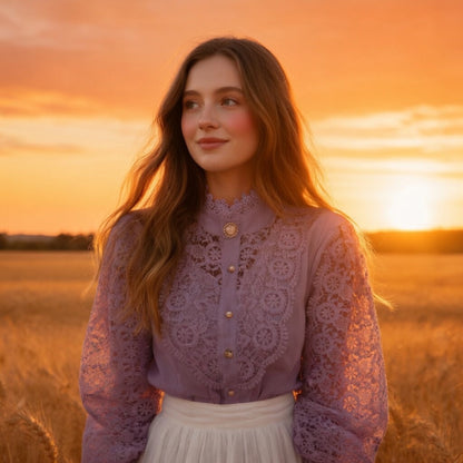 Woman wearing purple crochet lace blouse near sunset flowers