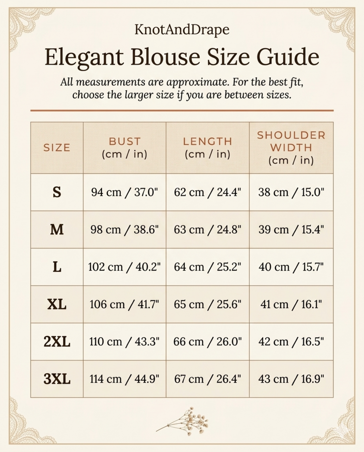 Size chart for crochet lace blouse, sizes S to 3XL