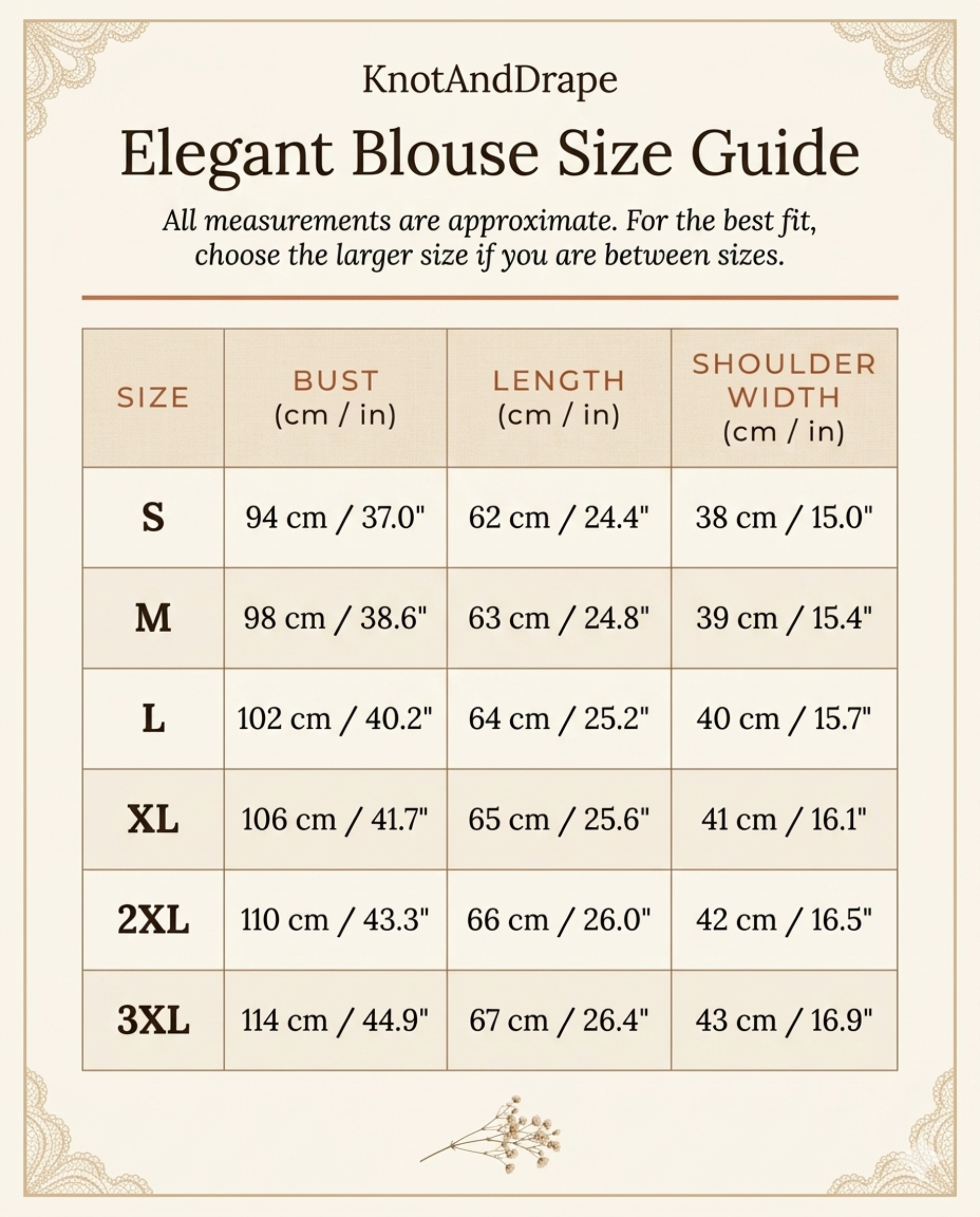 Size chart for crochet lace blouse, sizes S to 3XL