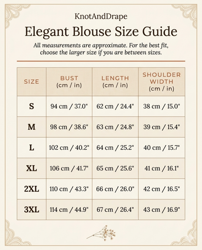Size chart for crochet lace blouse, sizes S to 3XL