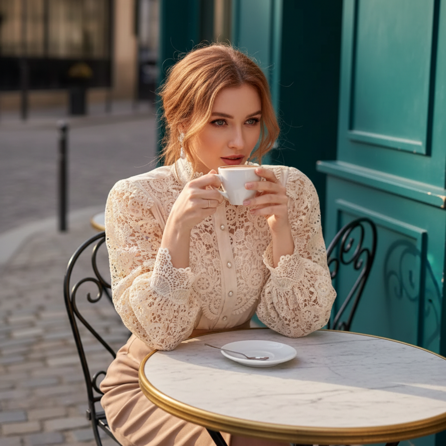 Woman wearing white crochet lace blouse at cafe table