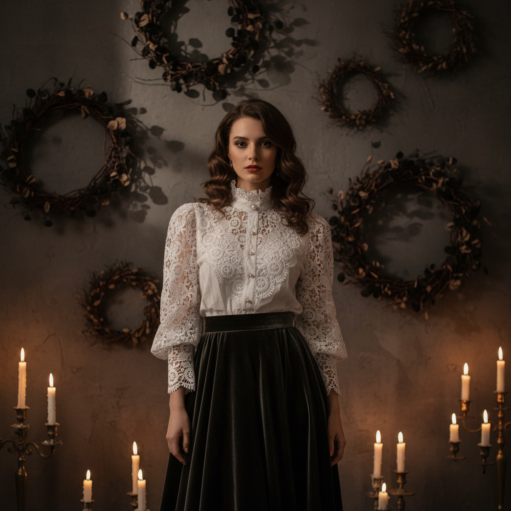 Woman wearing white crochet lace blouse near candlelit wreaths