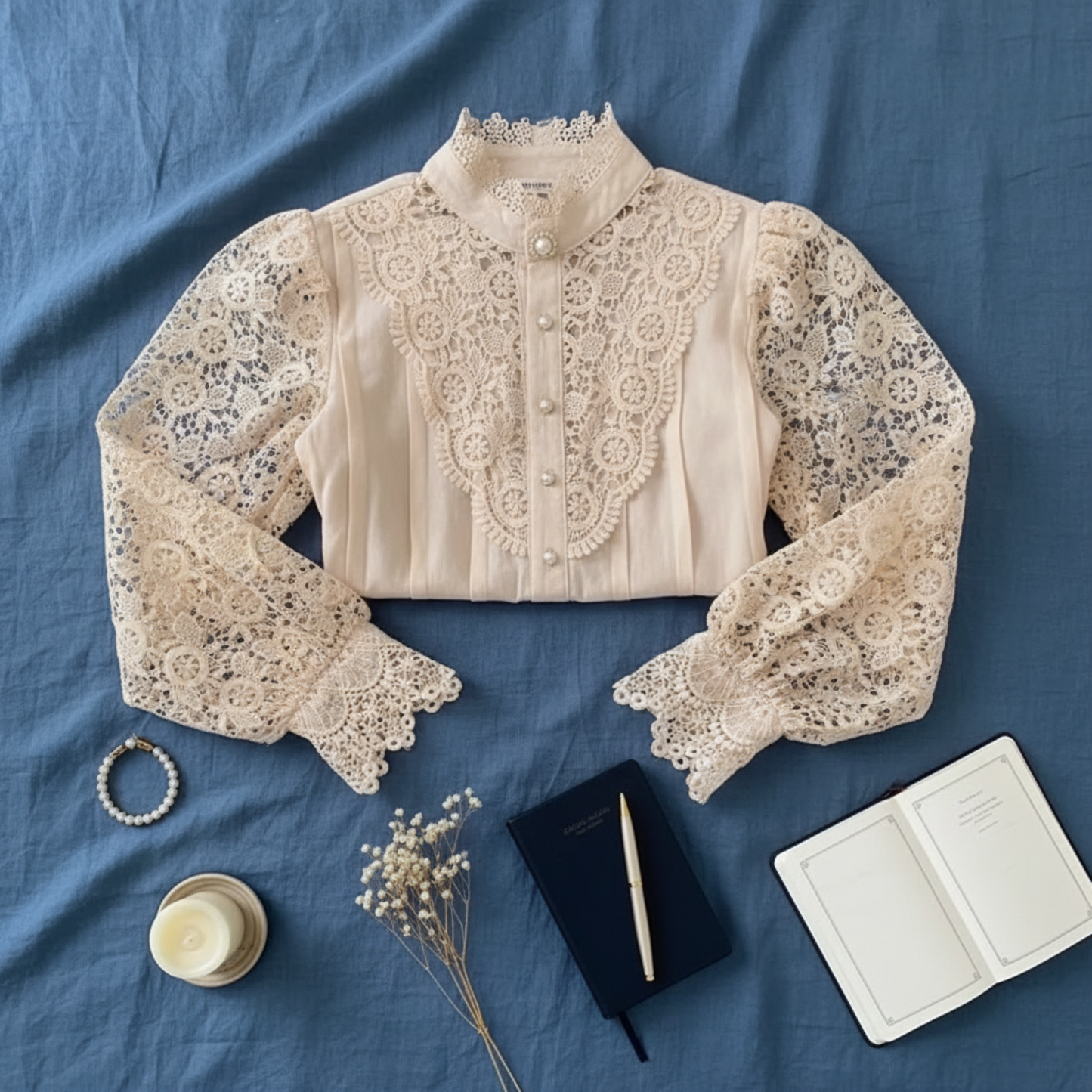 White crochet lace blouse flat lay with ribbon and accessories