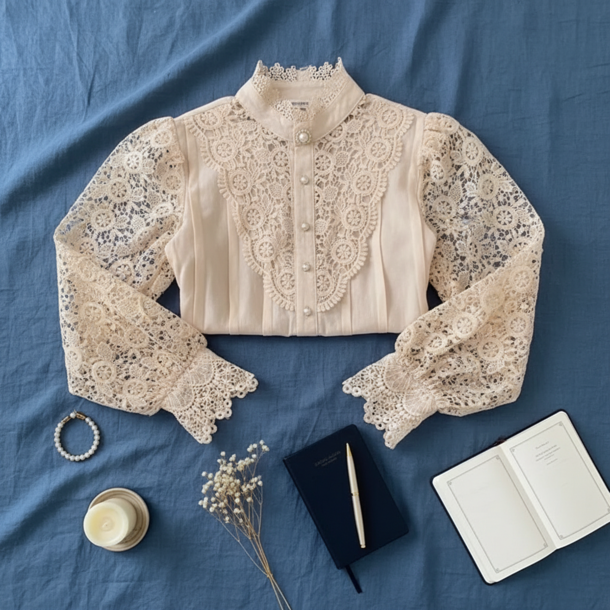 White crochet lace blouse flat lay with ribbon and accessories