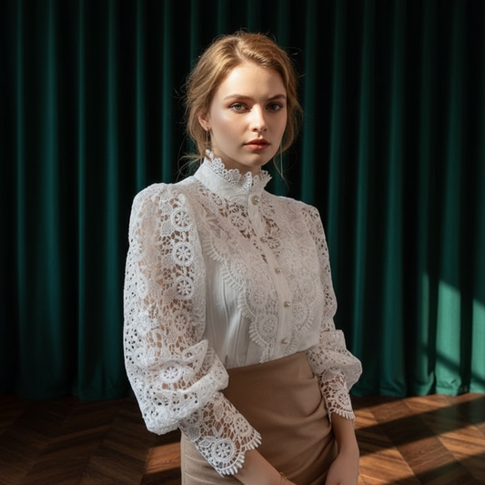 Woman wearing white crochet lace blouse with green background